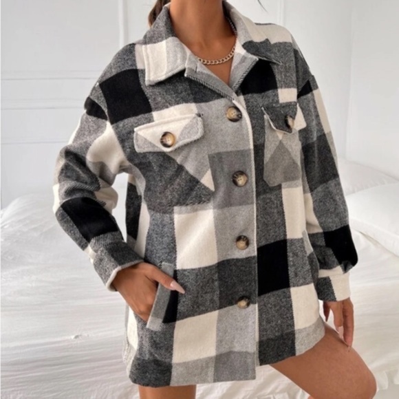 SOLD OUT Buffalo Plaid Check Flannel Button Up Shacket Shirt Jacket Coat - Picture 3 of 3